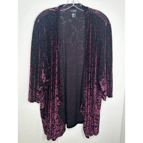 Catherines Open Front Cardigan Womens 3X Plus Black Purple Velvet Burnout Fairy - Picture 1 of 10